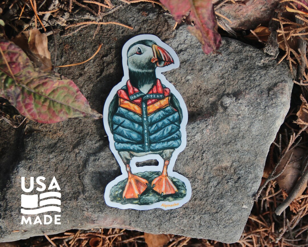 Puffin in a Puffer STICKER / Waterproof Vinyl Birds Water Bottle Laptop ...