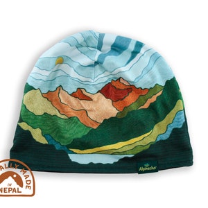 Mountain Layers BEANIE / Quick-dry Winter Hat Skull Cap Mountains Lake Nature Full Color Alpinecho