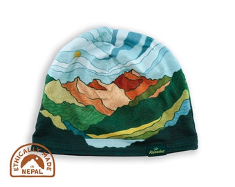 Mountain Layers BEANIE / Quick-dry Winter Hat Skull Cap Mountains Lake Nature Full Color Alpinecho