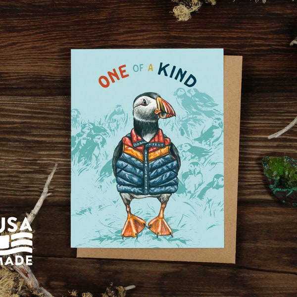 One of a Kind GREETING CARD / A2 4x5 Stationary Puffin Bird Funny Thank You Encouragement Letter Writing Alpinecho