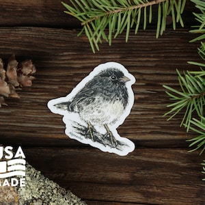 May include: A black and white illustration of a small bird, a Dark-eyed Junco, perched on a branch. The bird is facing to the right and has a white belly and a black head. The illustration is on a white sticker with the word "Alpinecha" printed below the bird.