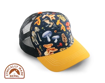 Forage TRUCKER HAT / Ball Baseball Cap Mushrooms Art Artist Watercolor Fungi Morel Chanterelle Nature Mesh Colorful Alpinecho