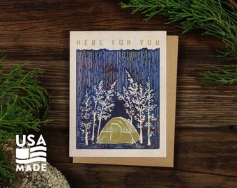 Here for You GREETING CARD / A2 4x5 Stationary Tent Rain Rainstorm Encouragement Friendship Hopeful Love Nature Outdoorsy Letter Alpinecho