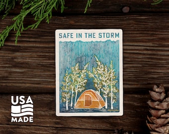 Safe in the Storm STICKER / Waterproof Vinyl Camping in the Rain Tent Cozy Nature Water Bottle Laptop Bumper Sticker Decal Alpinecho