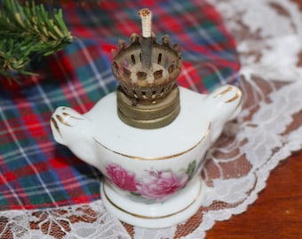 Vintage Miniature Oil Lamp: Pink Floral Ceramic, Hong Kong Decor