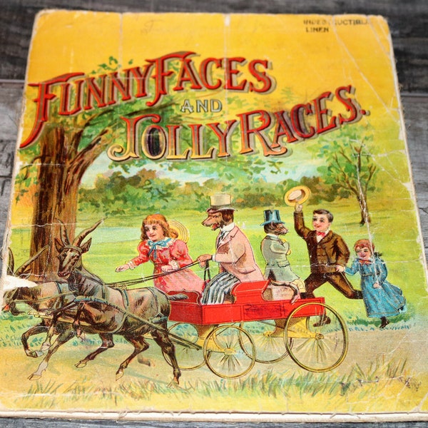 Linen Children's Book 1903 Antique Collectible Children's Book "Funny Faces and Jolly Races" Indestructible Linen 1903