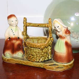 Vintage Shawnee USA Green/Brown Pottery Planter Wishing Well Dutch Boy and Girl | Vintage Planter Collectible Midcentury Art