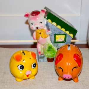Set of 3 Vintage Ceramic Pig "Piggy Banks" - Yellow Pig, Orange Pig, Pig at His Brickhouse!  No Stoppers/Plugs Unmarked
