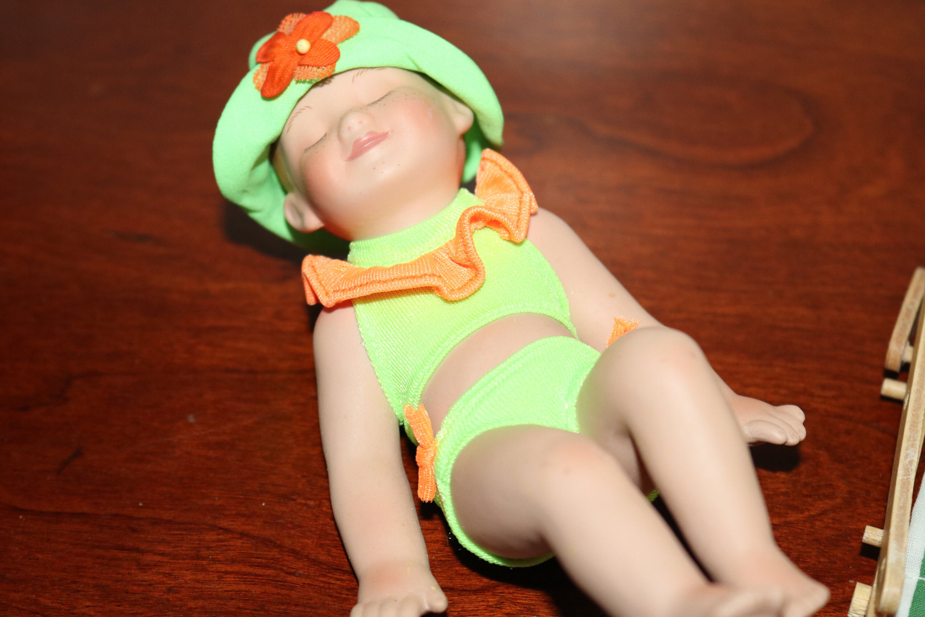 RESERVED FOR ROSALIE: Ashton Drake Porcelain Calendar Babies 1995 - 6 1/4" Beach Bunny #96708 August - Will Combine Shipping
