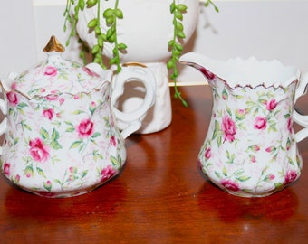 Lovely Vintage Lefton Rose Chintz Creamer and Lidded Sugar Bowl 1950s-1960s Porcelain Fine Bone China