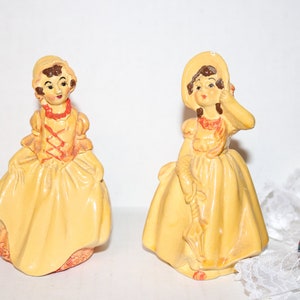 Vintage Chalkware Southern Belle Figurines: Yellow Civil War Era Dress, Set of 2