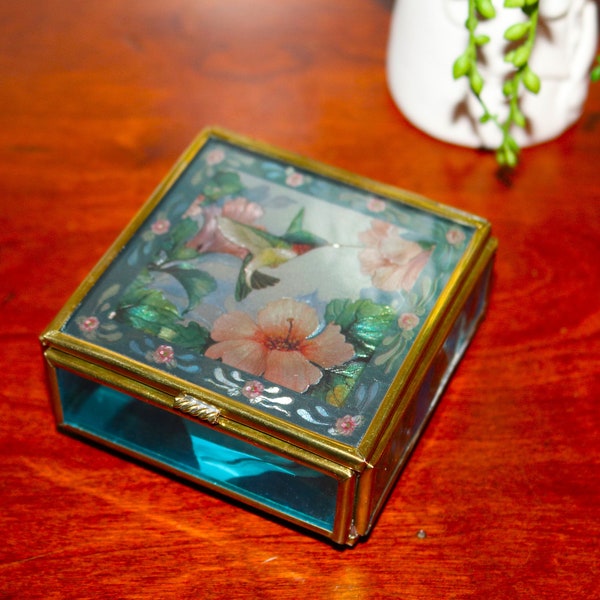 Vintage Enesco Hummingbird Flowers Lidded Trinket Jewelry Box Glass Brass w/ Mirror Bottom Mexico