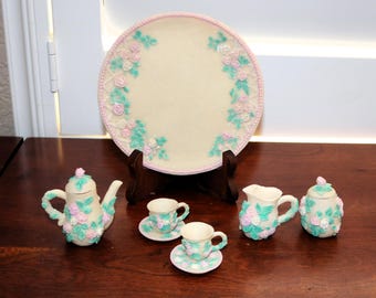 Vintage Miniature Resin Tea Set - Popular Imports 1994 Off-White Delicate Roses - 10 PC.