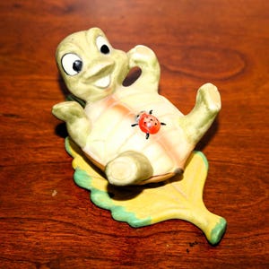 Vintage HOMCO Anthropomorphic Turtle on Leaf with Ladybug Figurine Ceramic Whimsical Figure - Will Combine Shipping