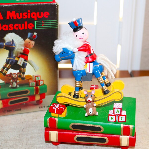 Vintage Sankyo Wooden Toy Soldier Rocking Horse Toy Land Music Box 1986 w/ Original Box