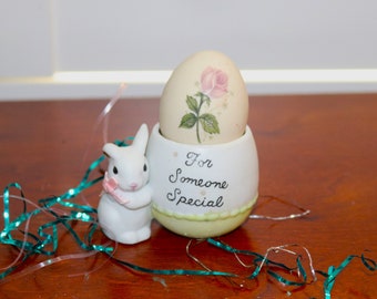 Vintage George Good Porcelain Easter Bunny Egg Cup with White Bunny Pink Ribbon "For Someone Special" Korea Easter Decor