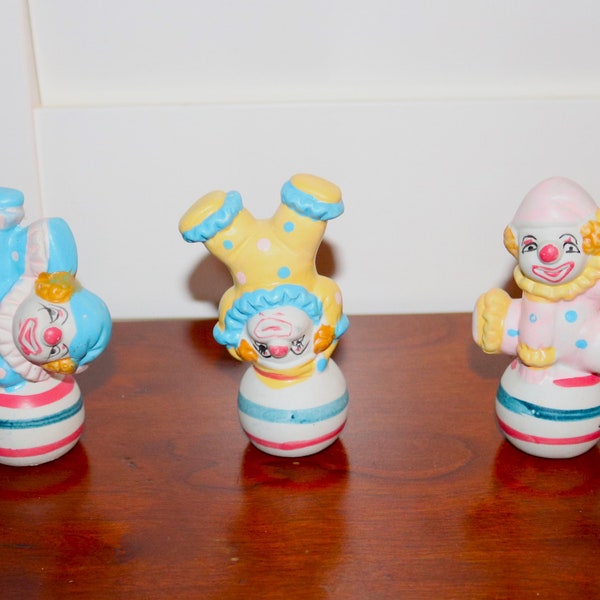 Vintage Set of 3 Ceramic Clown Figurines. Clowns Sitting or Performing on Balls. Set of Matching Companion Clowns - Japan