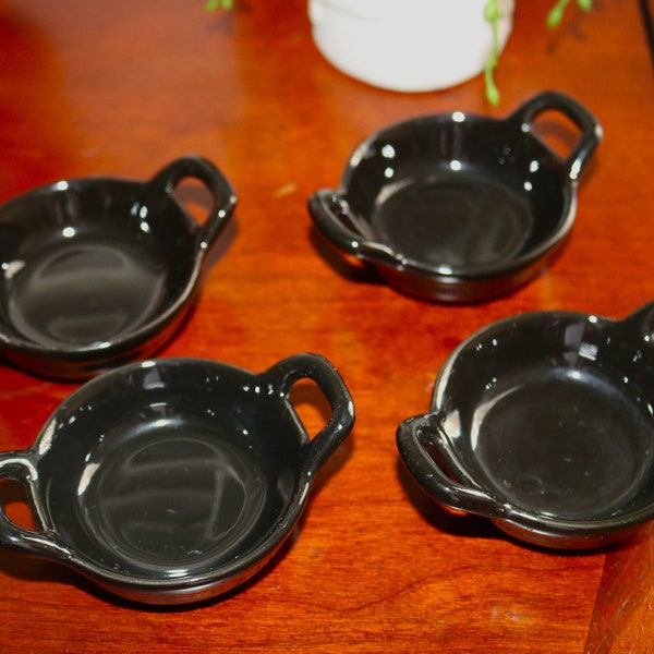 Set of 4 Black Stoneware Condiment Dishes, Butter Pats - 3" Diameter Open Handles