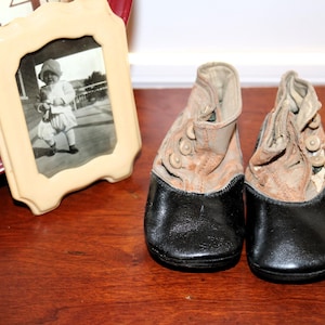 Antique Leather Baby Button Shoes with Photo - Edwardian Nursery Decor