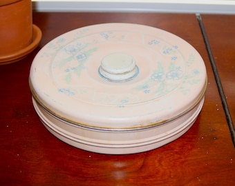 Mid-Century Pink and Blue Round Tin, Candy Tin, Container, Tea, Cookie, Sewing Tin, Vintage Pastel Pink and Blue Flowers