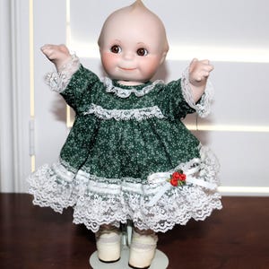 Adorable Vintage Porcelain Bisque Kewpie Doll in Handmade Dress! 1980s? Will Combine Shipping