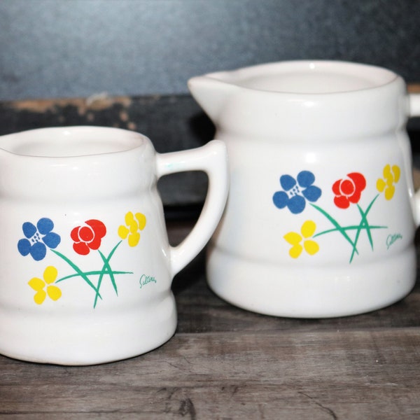 Set of 2 Vintage Primary Color Floral Pattern Creamers/Liquid Measuring Cups Stoneware 1/2 C. & 1/4 C.