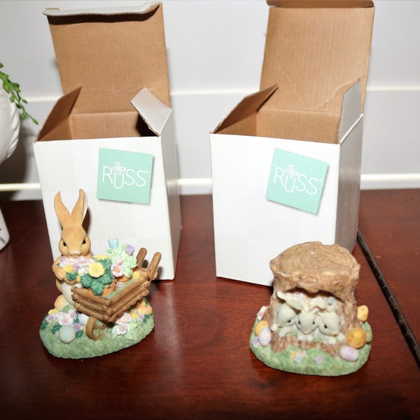 Set of 2 Precious Russ Berrie "Nature's Wonder" Series Handpainted Bunny Figurines Like New in Original Boxes