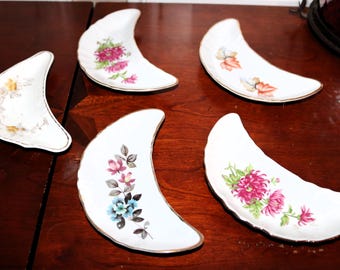 Vintage Floral Porcelain Bone Dishes: Crescent Trinket Plates, Set of 5 -  Will Combine Shipping
