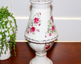 Vintage Porcelain Hurricane Oil Lamp, 11 1/2 In. Tall White Background Gold Accents Pink Roses Green Foliage Unmarked