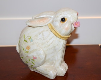 Vintage Easter Bunny Figurine: Carved Resin Floral Design