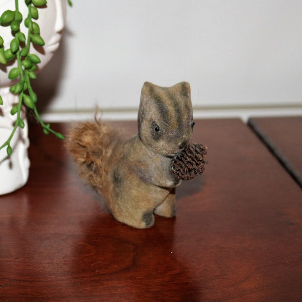 Vintage Flocked Chipmunk Squirrel Holding Pine Cone 3" Tall So Cute!