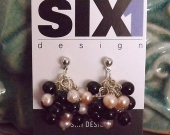 Freshwater pearls and black bead cluster earrings