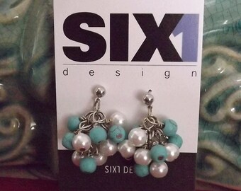 Turquoise and white pearl cluster earrings