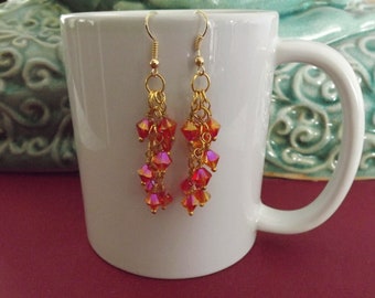 Fire Opal Swarovski Elements and gold dangle & drop earrings