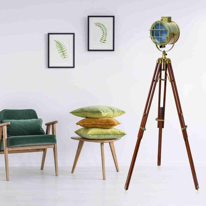 Tripod Floor Lamp Nautical Spotlight Vintage Studio Wooden Led Light Home Office