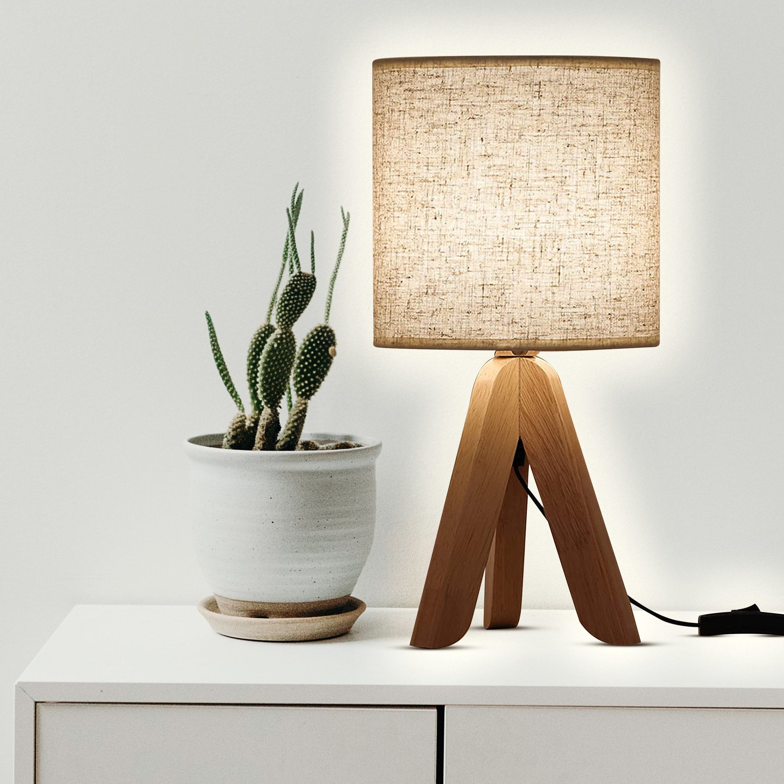 Small Bedside Table Lamp Wooden Tripod Nightstand Lamp for Etsy