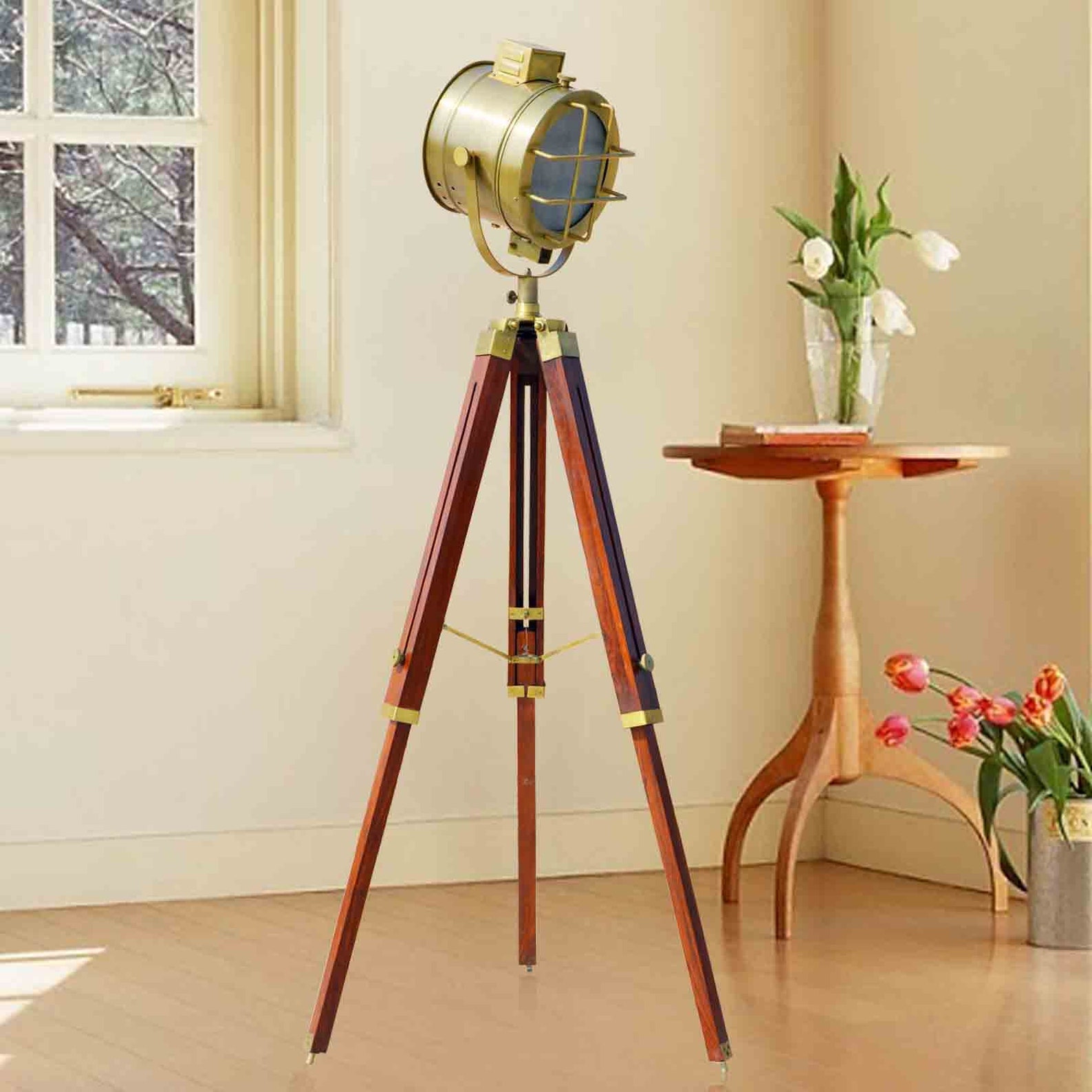 Handcrafted Classical Maritime Vintage Styled Spotlight On Wooden Tripod
