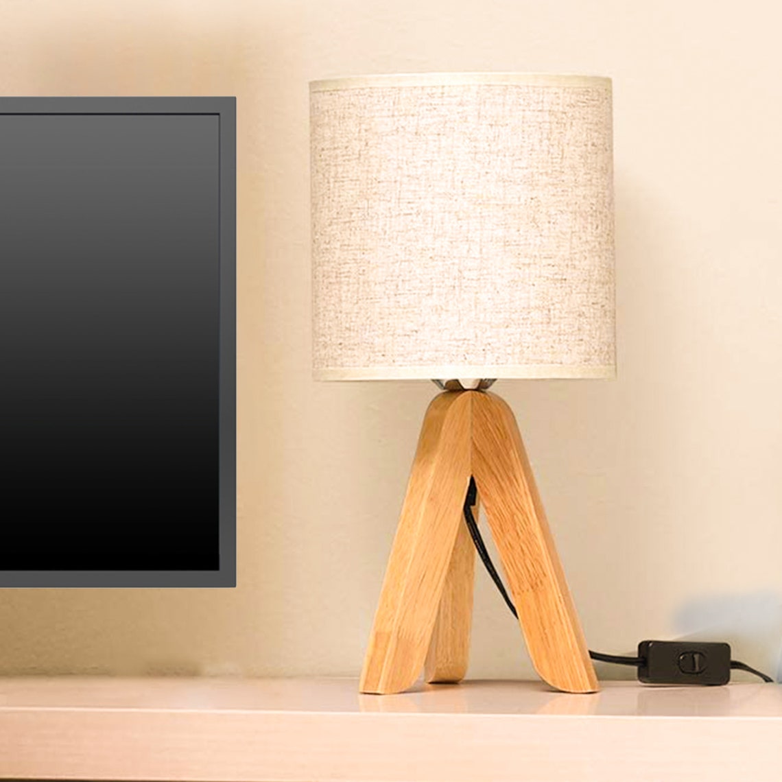 Small Bedside Table Lamp Wooden Tripod Nightstand Lamp for Etsy