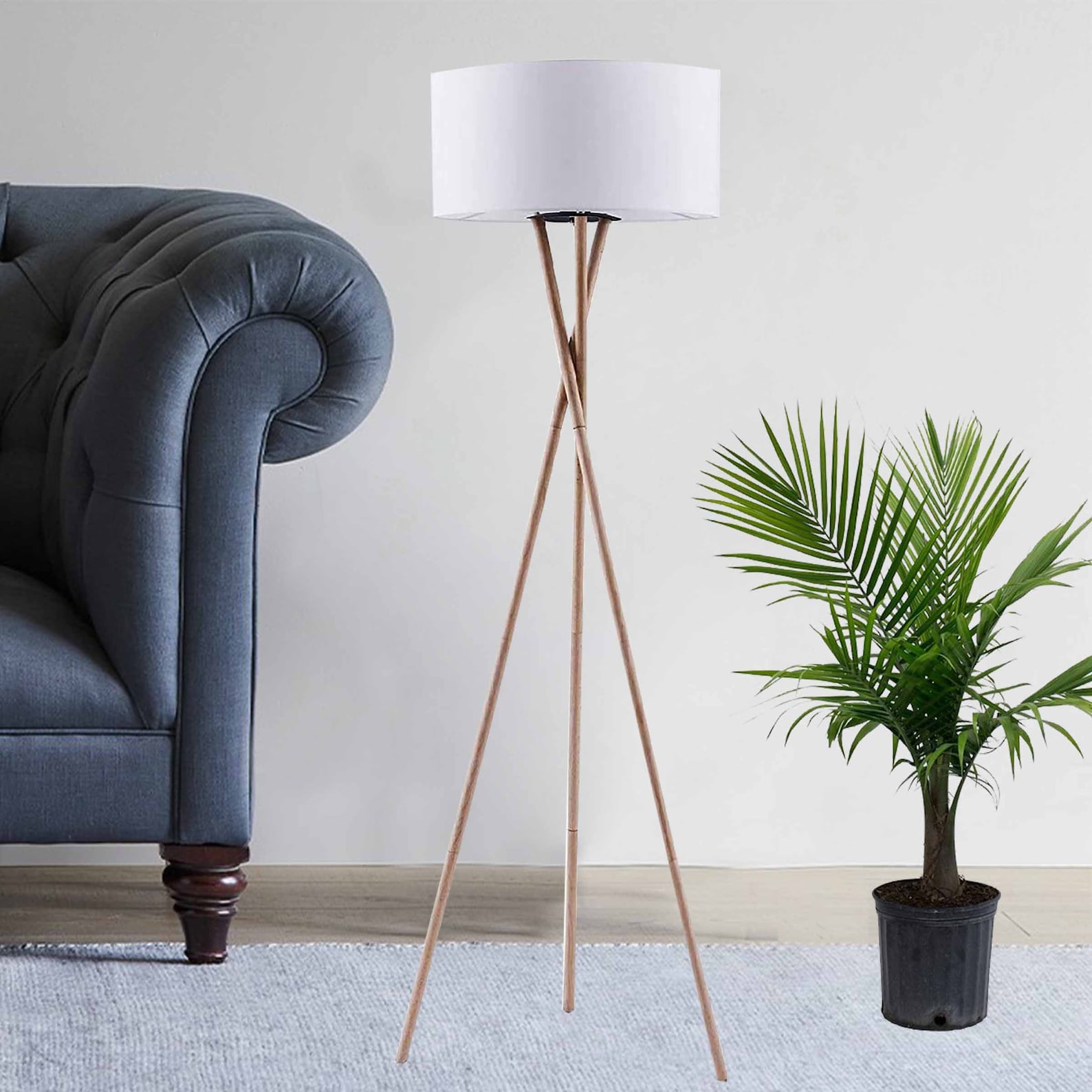 Tripod Floor Lamp Modern Wood Floor Lamp with White Drum   Etsy