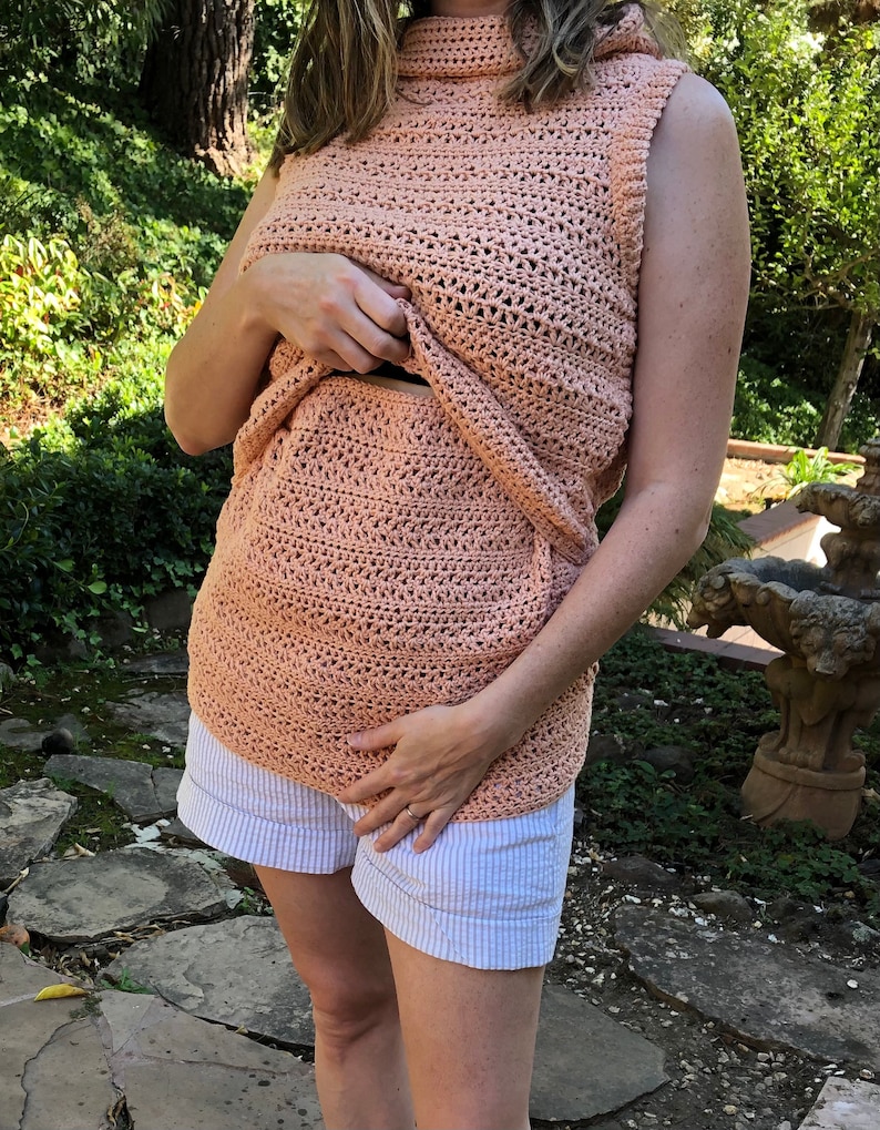 May include: A peach-colored crochet top with a sleeveless design. The top is open in the front, revealing a matching crochet skirt underneath.