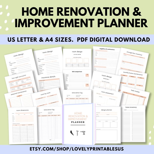 Home Renovation & Improvement Planner, Renovations Planner, Home DIY Projects Planner, Home Improvements, DIY Planner,