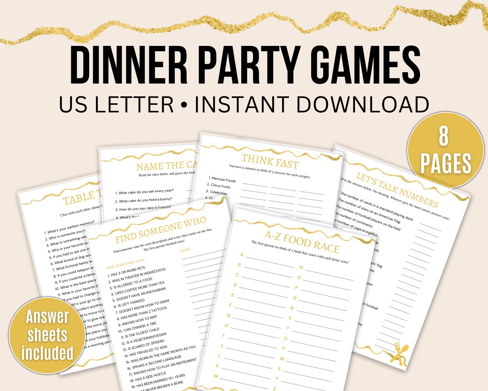 Dinner Party Games, Printable Dinner Party Games, Dinner Party Icebreakers, Adult Dimmer Party