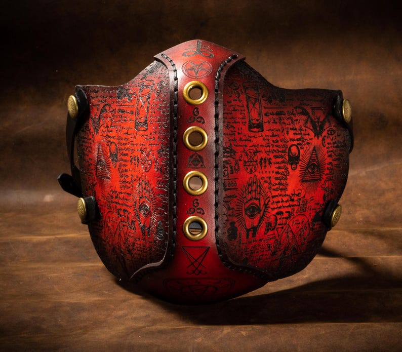 Occult Ritual Mask Leather Mask Occult Alchemy Satanic Sigils Laser Engraved Red Plague ...