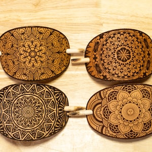 Leather Hair Barrette laser engraved With Stick Mandala design Hair slide. Choice of 4. Laser Engraved. Made in the U.S.A