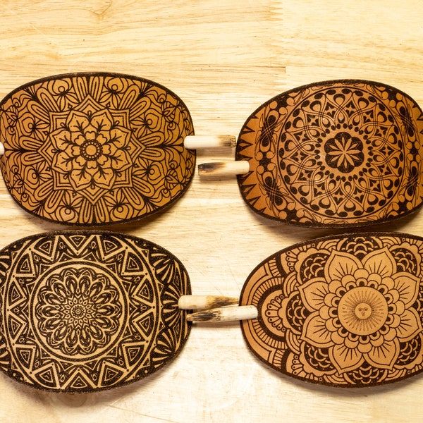 Leather Hair Barrette With Stick Mandala design Hair slide. Choice of 4. Laser Engraved. Made in the U.S.A