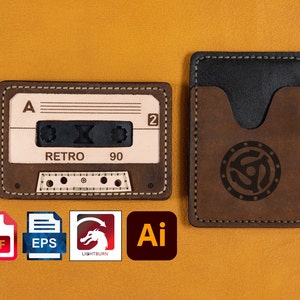 Casete de cuero Cartera de tarjeta Patrón digital Archivos fuente de casete retro, archivos de corte láser (.ai, .pdf, .svg, .eps, .gcode, .lbm2)