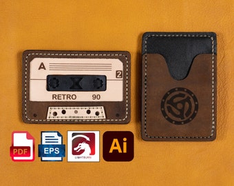 Leather cassette Card wallet digital pattern retro cassette source files, laser cutter files (.ai, .pdf, .svg, .eps, .gcode, .lbm2)