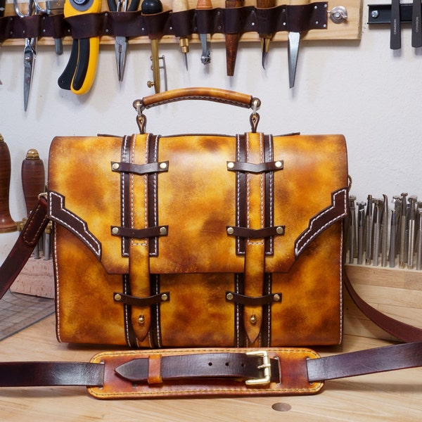 leather briefcase, shoulder strap handmade rustic brown bag hand stitched