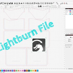 May include: A computer screen displaying a Lightburn File with a grid pattern and a dragon logo. The text "Lightburn File" is written in turquoise. The interface includes various tools and settings.