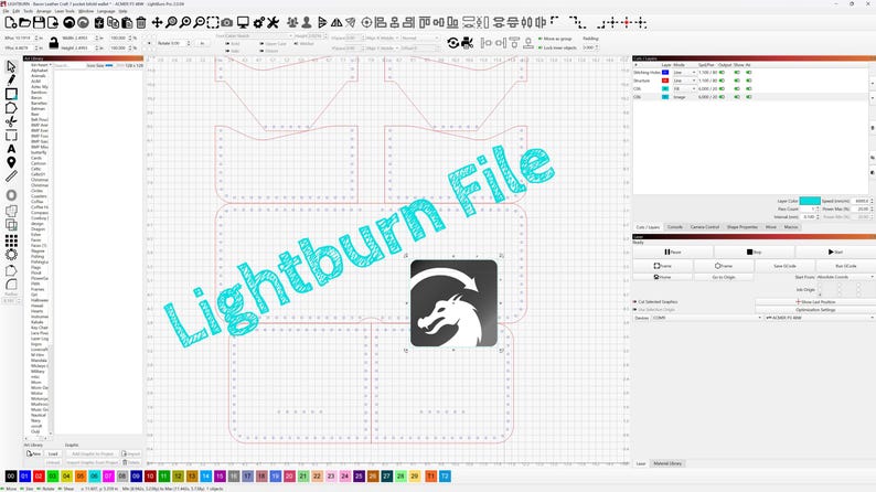 May include: A computer screen displaying a Lightburn File with a grid pattern and a dragon logo. The text "Lightburn File" is written in turquoise. The interface includes various tools and settings.